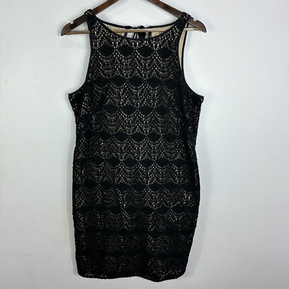 LOFT Crochet Knit Sheath Dress Women 12 Black Lined Dark Academia Boho Chic - Picture 1 of 6